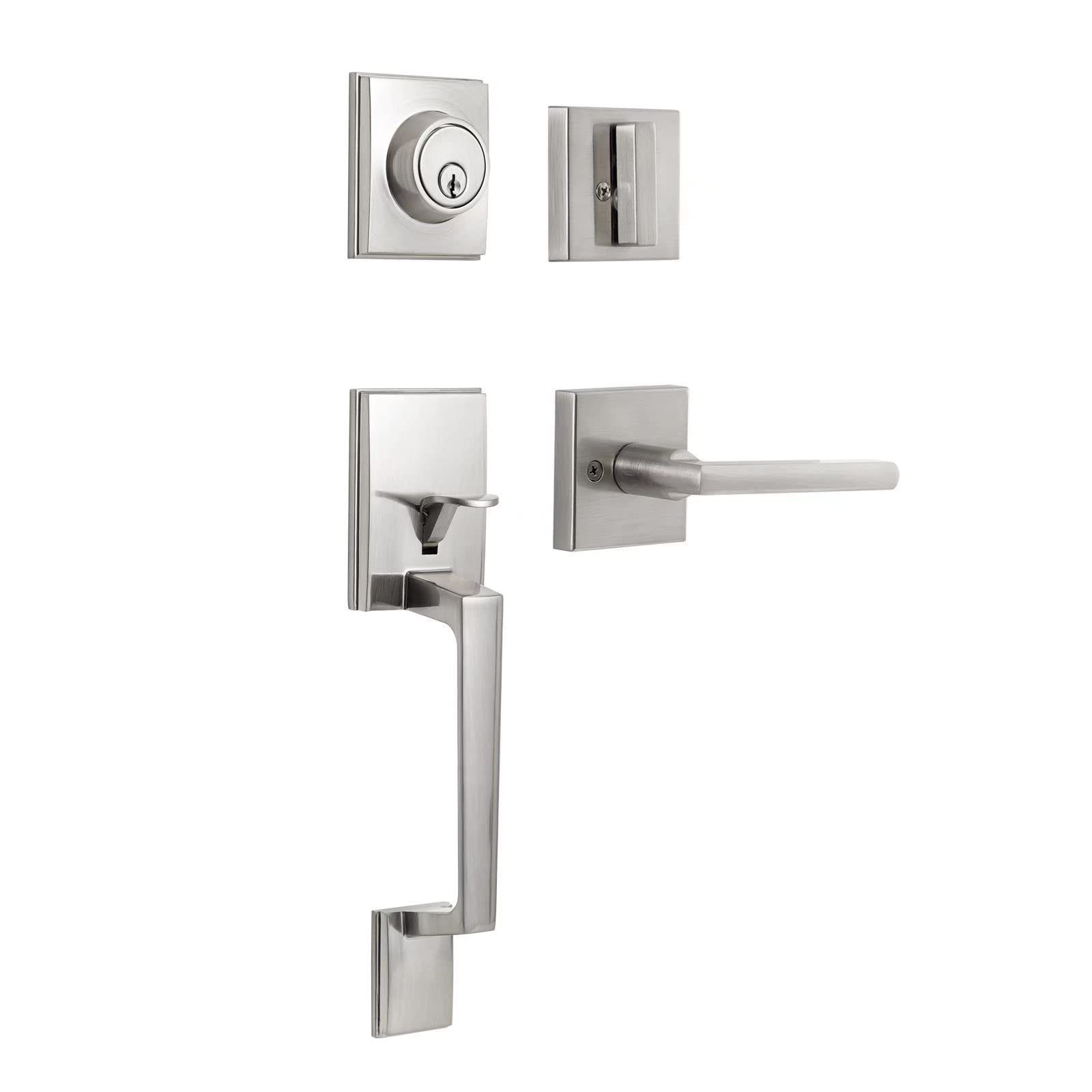 NeuType Front Door Handle Set Entrance Door Lock Set Satin Nickel Heavy Duty Entry Handle Set with Lock, with Single Cylinder Deadbolt and Lever Handle, Compatible with Right & Left Handed Doors