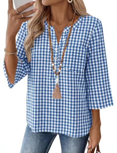 LOMON LOMON 3/4 Length Sleeve Womens Summer Tops Dressy Casual Button Down Shirts for Women Womens Loose Fit V Neck t Shirts