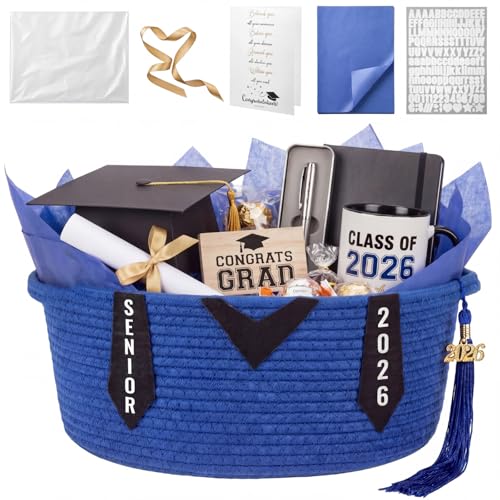 Colingmill Class of 2026 Senior Graduation Gift Basket Empty 14x10x5.5 Inch Woven Rope Basket with Grad Design Bag & Ribbon Letter Stickers Tassel & Card Decorative DIY Congrats Gift(Black and Blue)