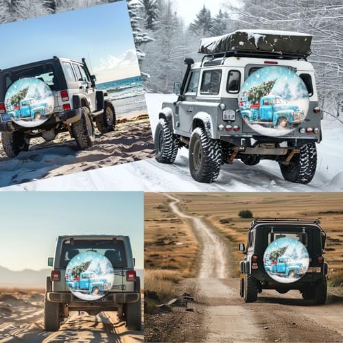 Image of New Year Blue Truck Spare Tire Cover for Rv Trailer Camper- Cute Xmas Winter Waterproof Wheel Protectors Cover Universal Fit for Truck SUV Travel New Year Outdoor-15 inch