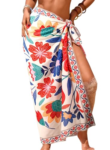 Herseas Women Sheer One Size 2026 Summer Swimsuits Coverups High Slit Sarong Multicolor Floral Print Lightweight Wraps Tie Side Beach Cover Up Versatile Beach Vacation Clothes