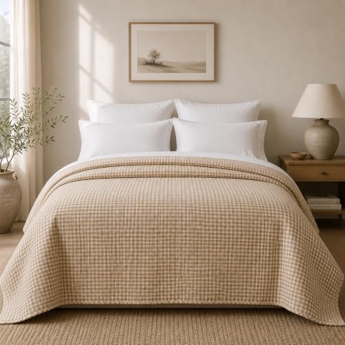 ROXANN INTERIORS 100% Organic Cotton Quilt, Channel Stitching, Oeko-TEX Certified, GOTS Certified, Pre-Washed, Designer Gingham Quilt, Neutral Bedding (Oversized Queen (U.S. Standard))