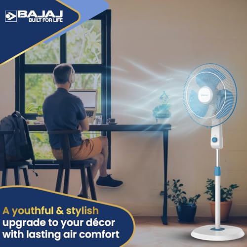 Image of Bajaj Shield Series Robusto High Speed 400mm Pedestal Fan for Home | DuraStorm Technology | Surge Protection | 100% Copper Motor | High Air Delivery | 3 Years Warranty 【Blue & White】
