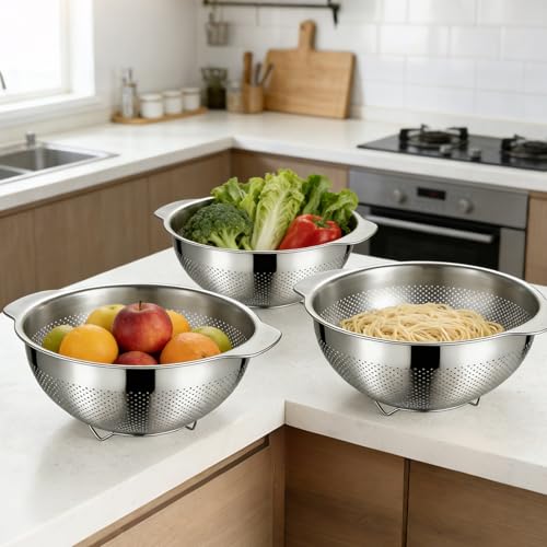 Image of Colanders & Food Strainers,Stainless Steel Colander,3 Pcs Kitchen Strainers(2.5QT, 3.5QT, 5QT) for Pasta, Rice, Vegetables,Dishwasher Safe Metal Colander with Handles,Kitchen Gift