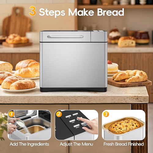 Image of Manastin 19-in-1 Bread Maker, 2LB Bread Machine with Fruit and Nut Dispenser, Stainless Steel Housing, Nonstick Baking Pan, 2 Pound Bread Maker Machine, Ideal Kitchen Gift for Home Bakers