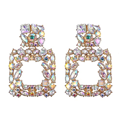 Flyonce Rhinestone Square Dangle Earrings, Austrian Crystal Geometric Statement Pierced Earrings