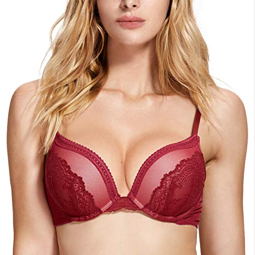 DOBREVA Femme Soutien-Gorge Push Up à Armature Rembourré en Dentelle Rouge FR:105C