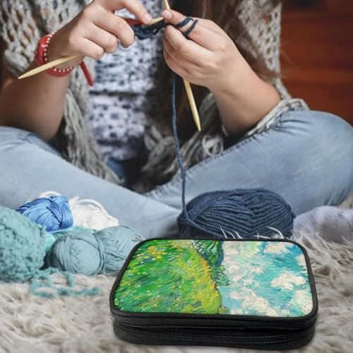 Image of Crochet Hook Case Green Wheat Field Crochet Hook Holder Portable Crochet Hook Storage Bag with Web Pockets Suitable for Crochet Needles /Knitting Accessories