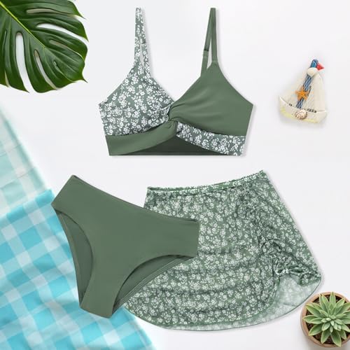 Weixinbuy Girls Swimsuit 3 Piece Tropical Floral Twist Cross Bathing Suit Bikini Sets with Cover Up Skirt Swimwear Size 9-162