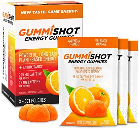 GummiShot Energy Gummies, 225 mg of Plant-Based Caffeine Chews per Pouch, Long Lasting Energy Boosters, Valencia Orange (3ct, 9 Gummies)