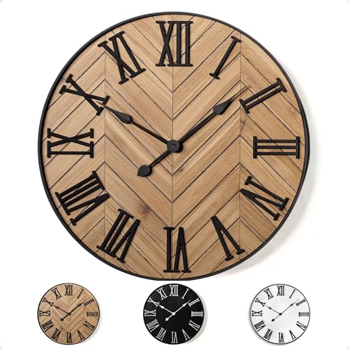 Large Wall Clock 24' Round - Silent Metal & Wood Large Farmhouse Wall Clock For Living Room Decor with 3D Roman Numerals - No Ticking - Noiseless Big Wood Decorative Clocks for Living Room Decor