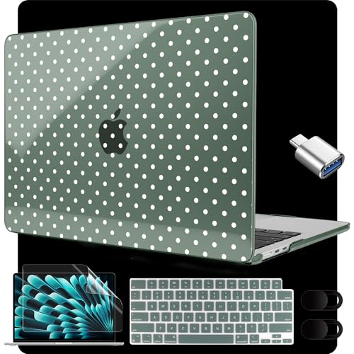 Image of MEEgoodo for M5 /M4 /M3 /M2 MacBook Air 15 inch Case 2026 2025 2024 2023, Case Fit Model (A3448 /A3241 /A3114 /A2941) for MacBook Air 15.3 inch, White Polka Dots & Midnight Green
