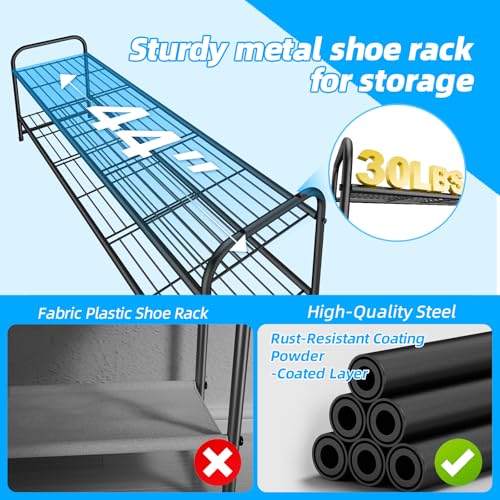 Image of 2 Tier Shoe Rack for Closet, 44 Inch Extra Wide Shoe Storage Organizer for Shelves, Heavy Duty Metal, Easy Assembly, Black