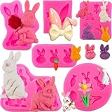XBYzuzi 6Pcs Easter Fondant Molds - 3D Rabbit Bunny Ears Carrots Flowers Silicone Molds for Cupcake Cookie Gum Paste Baking Decorating