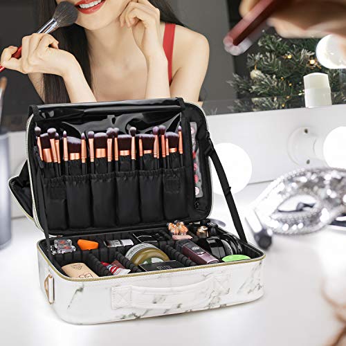 Relavel Makeup Bag Travel Makeup Train Case Large Cosmetic Case Professional Portable Makeup Brush Holder Organizer and Storage with Adjustable Dividers (Marble White)