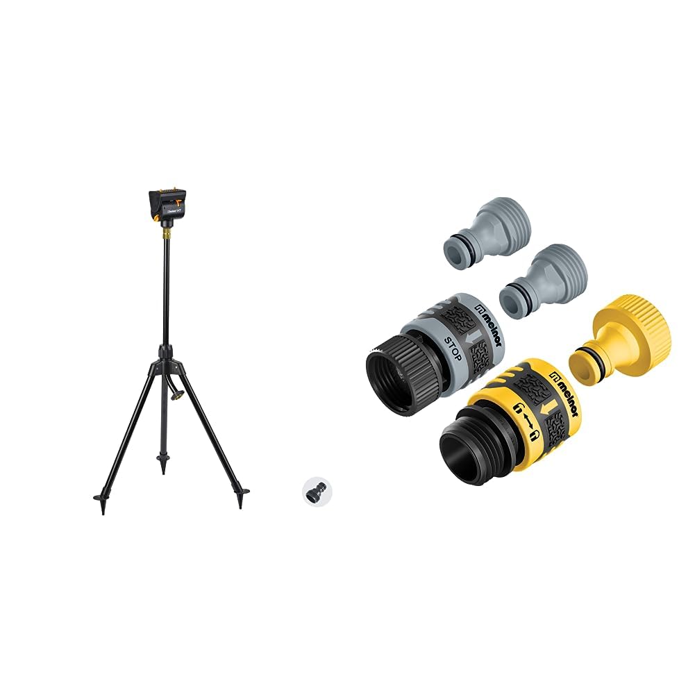 Melnor 65115-AMZ MiniMax Turbo Oscillating Sprinkler on Tripod with QuickConnect Product Adapter Amazon Bundle & 65134AMZ 5 Piece Quick Connect Starter Set Connector Bundle, Yellow, Black, Grey
