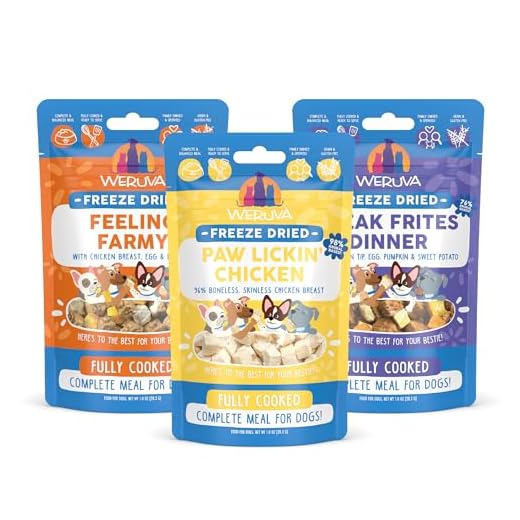 Sampler of all Weruva Freeze Dried Dog Food Recipes, Feeling Farmy, Paw Lickin Chicken, and Steak Frites Dinner (3 Pack, 1oz Bags)
