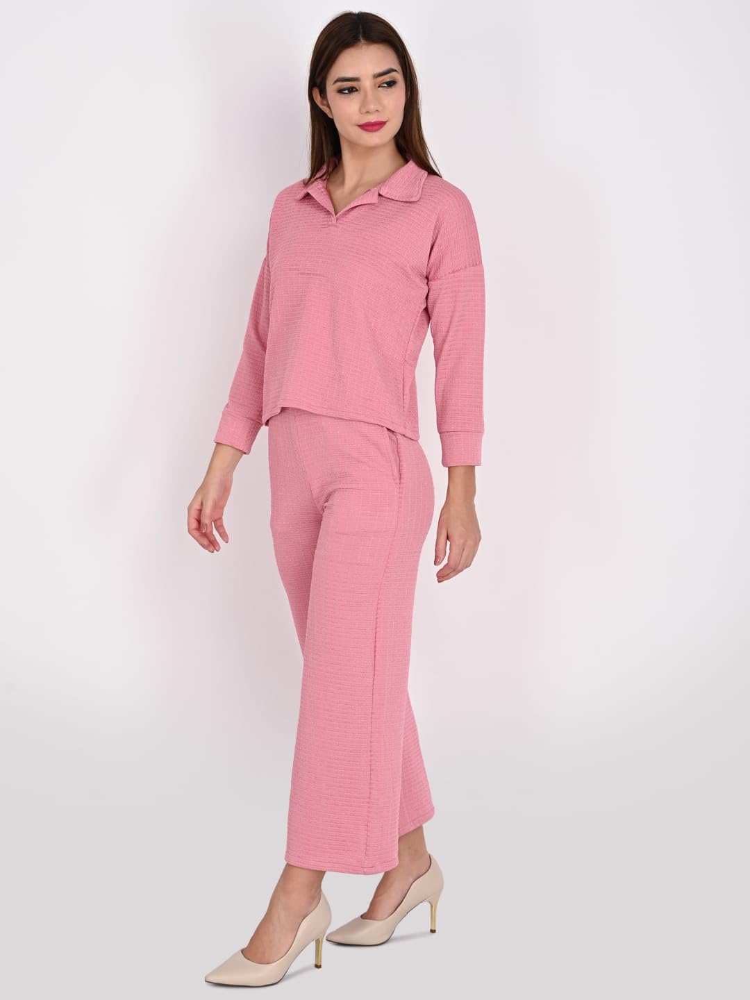 ORIEX THE ORIGINAL FASHION-Girls V-Neck Collared Top Wide Leg Trouser Set||Two Piece Co-ord Set||Lycra Top And Trouser Set||Sleepwear Over Size||Casual clothing Set-136 Pink 12-13 Years 2