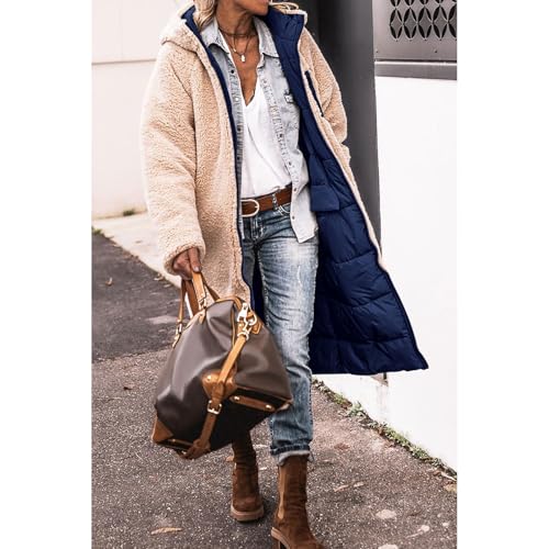 Womens Long Puffer Coats Reversible Fleece Jacket Oversized Long Sleeve Hooded Coat Winter Zip Parka Quilted Down Coat4