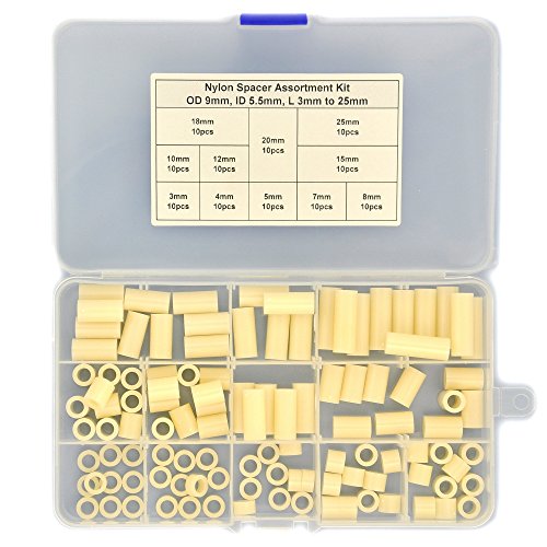 Electronics-Salon Plastic Round Spacer Assortment Kit. OD 9mm, ID 5.5mm, L 3 to 25mm, for M5 Screws. Length 3mm 4mm 5mm 7mm 8mm 10mm 12mm 15mm 18mm 20mm 25mm, Plastic ABS Standoff.