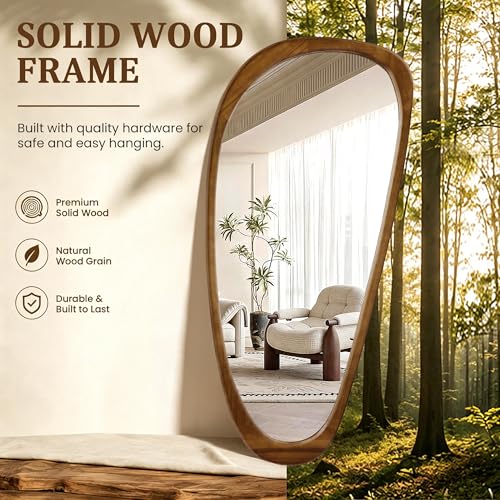 Image of Asymmetrical Mirror, 48 inchx22 inch Irregular Mirror Full Length, Wood Wall Mirror for Bathroom Bedroom Living Room Entryway Hallway, Mid Century Modern Decor (Natural Wood)