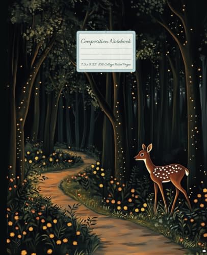 Majosta - Composition Notebook College Ruled: Cute Deer in Enchanted Forest, Fairytale Cottagecore Aesthetic Notepad for School, College, Homeschool, Study, Notes & Creative Writing | 7.5 x 9.25"