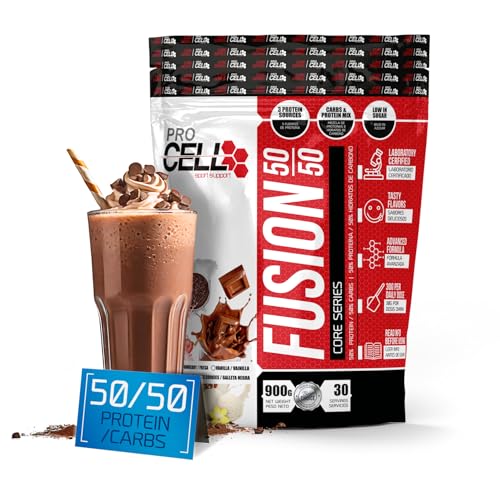 ProCell FusionCore 50/50 | Suplemento Balanceado de Carbohidratos y Proteínas (900g / 30 servicios) - Sabor Chocolate - Proteínas e Hidratos para Aumentar la Masa Muscular - Recuperador Muscular