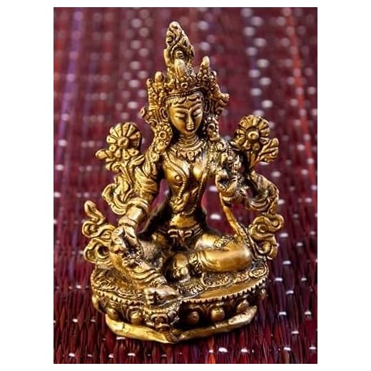 dsnetz grön Tara figur mässing 9,5 cm | tibetansk bodhisattva kvinnlig Buddha på lotusthron dekorativ ofigur | staty Shyama-Tara skyddare | esoterik presenter billig online köp