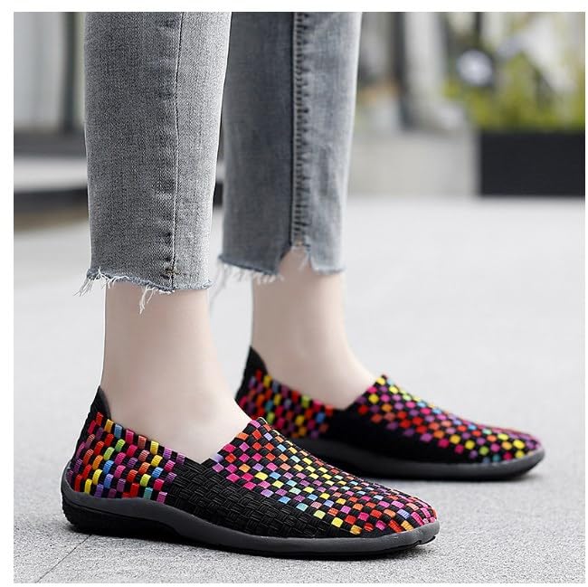 DESESE Women's Elastic Woven Walking Shoes Fashion Non-Slip Flats Sneakers Lightweight Slip On Casual Shoes Multicolor Woven Walking Shoes Elastic Walking Shoes Slip on Sneakers3