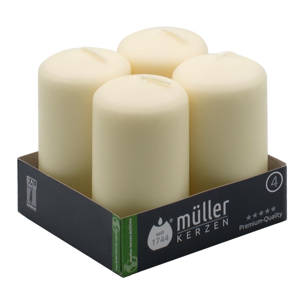 Mller Small Pillar Candles - Set of 4 Unscented Ivory Candles in Bulk - 4,8 x 9 Cm - 16 Hours Long Burning Decorative Candles - Dripless Wax - Smokeless Wick - RAL Quality - Made in Germany