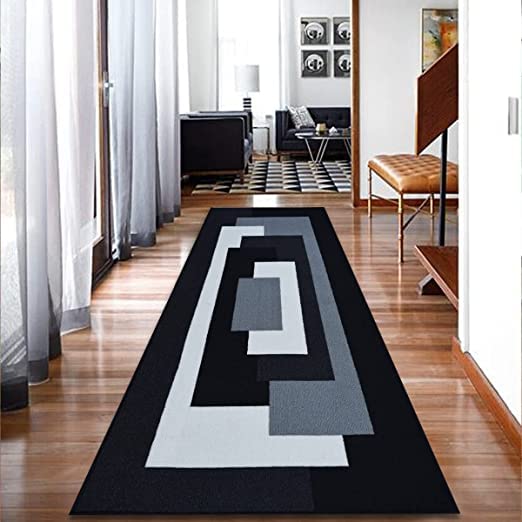 PHP Long Runner Rug for Hallways - Thick Non Slip Flat Woven Geometric Pattern Classical Indoor Carpet Runner Mat for - Kitchen Hallway Hall Bedroom Living Room, 60 x 220 cm, Black Grey โ image 1