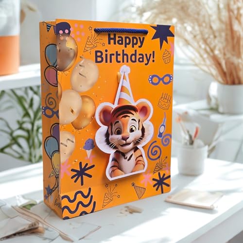 Image of TASCHE 3D Gift Bags for Return Gifts | Pop-Out Paper Bags for Kids Birthday, Baby Shower, Party Favors | 11x8x3 Inches (TIGER POP, Pack Of 40)