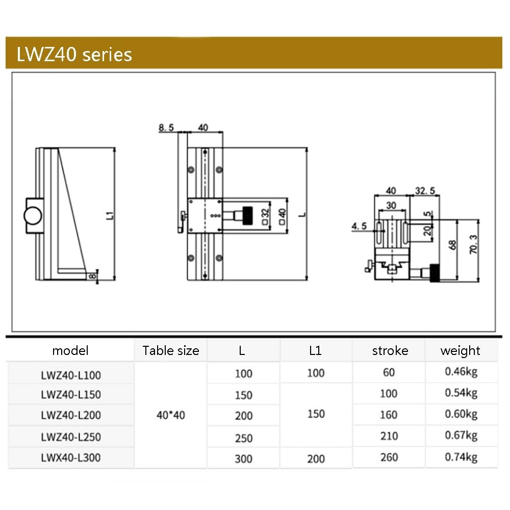 Plataforma deslizante de eje Z LWZ40 de 40 mm con corte de cola de milano de largo alcance Plataforma de desplazamiento manual de cola de milano LWZ40 Módulo(100mm)