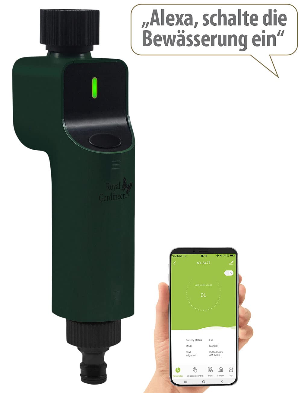 Luminea Home Control Ventil: ZigBee-Bewässerungscomputer + Boden-Feuchtigkeits- & Temperatursensor (Wasserzähler Gartenschlauch, Bewässerungssteuerungen ZigBee, Timer)