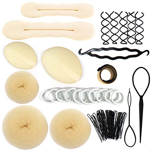 Hair Styling Accessories Set,Magic Beauty Hairstyle,Foam,Sponge,Styling Pads,Donut Bun Maker Ponytail Bun Twister Tie,Pull Hair Pin,Updo Tuck Insert Tool Braid Hairdresser Accessory (Beige)