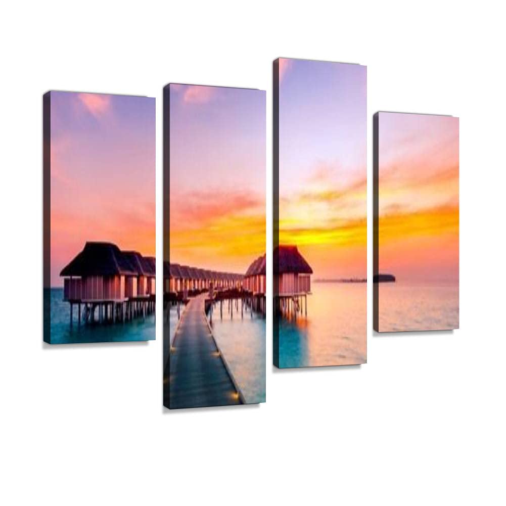Canvas Print Artwork Amazing sunset panorama at Maldives Luxury resort villas seascape Wall Art Pictures Framed Digital Print Abstract Painting Room Home Office Decor Ready to Hang - 4 Panel