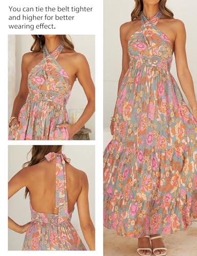 ZESICA Women's 2025 Summer Crossover Halter Neck Sleeveless Plaid Cut Out Backless Flowy A Line Maxi Dress2
