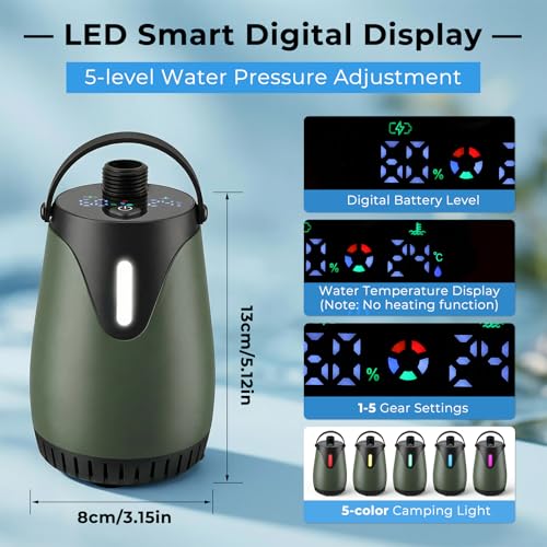 Kit de Ducha Portátil para Camping con Botella de Agua de 5 Galones, Bomba Recargable de 8000mAh Impermeable IPX8, 5 Modos de Presión, Contenedor de Agua Libre de BPA para Camping, Senderismo, Playa, Baño de Mascotas, Lavado de Autos miniatura 4