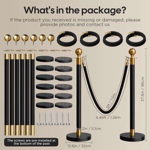 Image of 6 Pack Black&Gold Stanchions and Velvet Ropes Set, Stainless Steel Crowd Control Barriers, 4Pcs Black Ropes and Poles for Party Supplies,Photobooth Accessories, Prom,Birthday,Business,Wedding, Museums