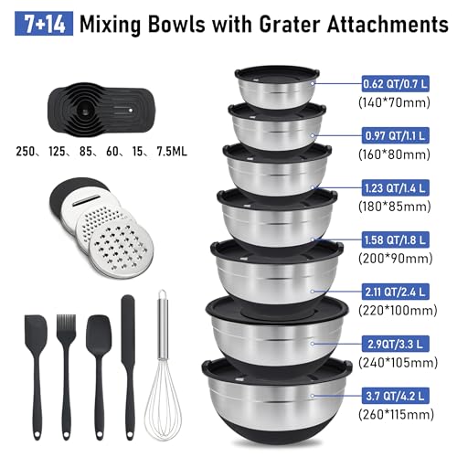 BEWOS Rührschüssel mit Deckel 7-teilig, Edelstahl Rührschüsseln mit Reibe, Nesting Design & Anti-Rutsch-Boden Rührschüssel, Größen 4.5, 4… – Ansicht 2