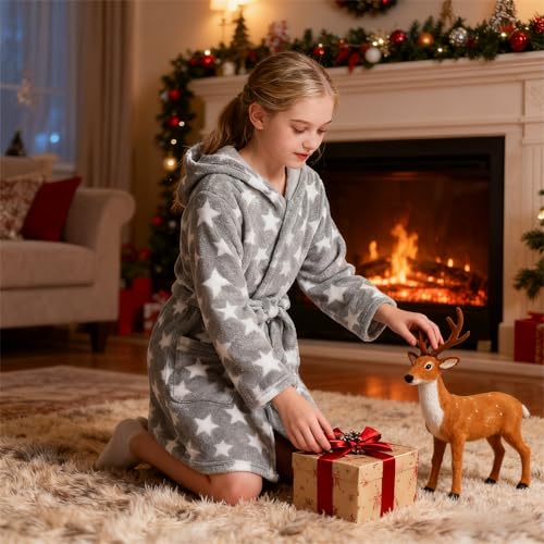 V.&GRIN Girls Fleece Robes, Hooded Plush Soft Fuzzy Warm Fluffy Bathrobe for Kids 3-14 Years2