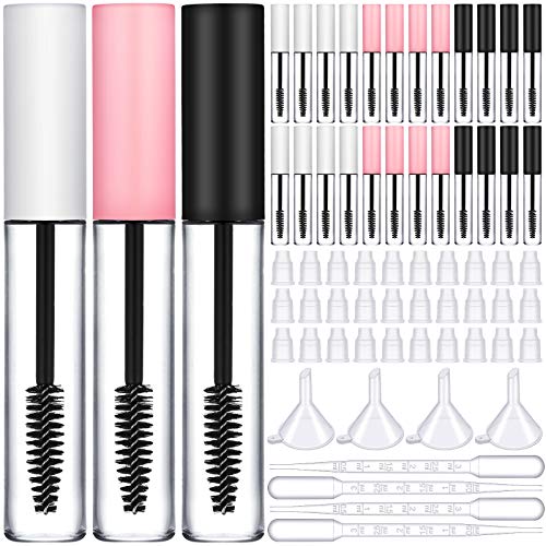 30 Pieces 10 ml Empty Mascara Tube and Wand Empty Mascara Containers Empty Eyelash Tubes Bottle with Rubber Inserts, 4 Funnels and 4 Transfer Pipettes for Mascara Samples (Matte Pink, White, Black)