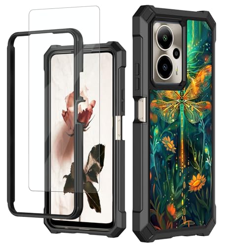 RAUEDWDJS for Cricket Outlast 5G 2024/AT&T Motivate Pro 5G Case with Tempered Glass Screen Protector,Full-Body Hard PC & Soft TPU Bumper Shockproof Protective Cover-Sparkly Dragonfly