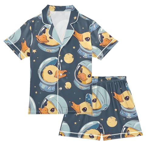 ALAZA Cute Astronaut Duck Space Pajamas Satin Pajama Set Short Sleeve Button Down Sleepwear