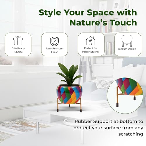 Image of Natural Earth Metal Flower Vase Planter Pot with Iron Stand | Decorative Plant Cachepot for Indoor & Outdoor Use | Succulent Pot for Home & Garden Decor (Geometric Multicolour)