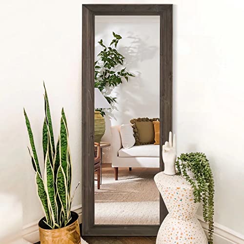 Image of NeuType 65 inchx22 inch Full Length Mirror Floor Mirror with Standing Holder Solid Wood Frame Large Bedroom Mirror Wall Mounted Mirror Hanging or Leaning Against Wall, Charcoal Brown