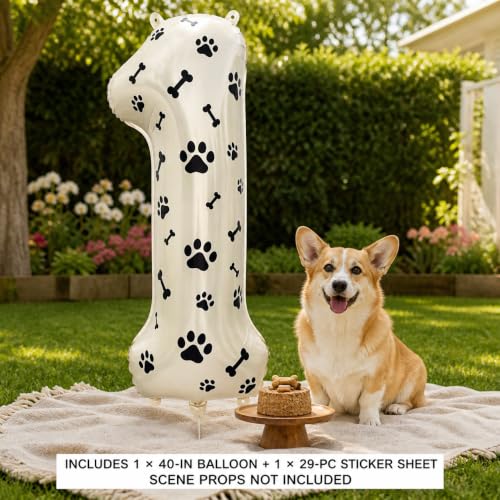 Image of 40 Inch Cream Beige Number 1 Foil Balloon DIY with Dog Paw Bone Stickers