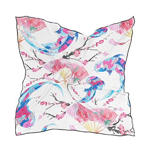 QMIN Pañuelo cuadrado de seda japonés Koi Fish Animal Sakura Fan Moda Pañuelo ligero Envoltura para el cabello Diadema Tidy Neck Bufandas para mujer, 60 x 60 cm