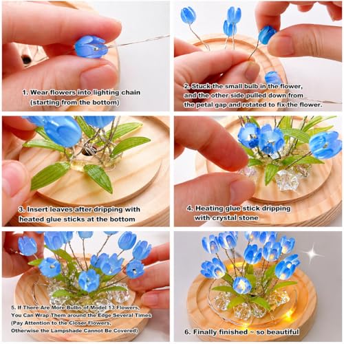 Image of XERGY DIY Glass Dome Flower Lamp - Romantic Tulip Night Light with 18 Flower, Wooden Base | Warm Ambient Decorative Light for Bedroom, Living Room, Gifts - Blue
