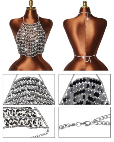 Image of AIBEARTY Women's Sexy Multi-Layer Metal Chain Crop Tops Hollow Out Halter Backless Tassel Camisoles for Rave Party Club